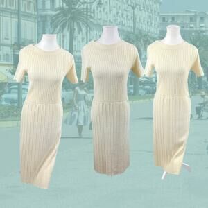 Vintage Cream Ribbed Knit Midi Dress
